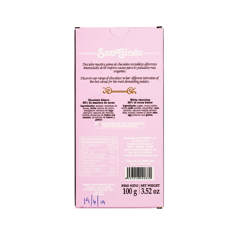 Tableta de chocolate blanco San Gines